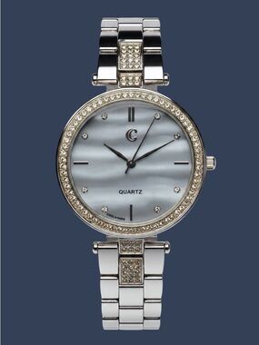 Stainless Steel Charming Charlie Blue Face Watch Iced With Gems 7" Bracelet Band
